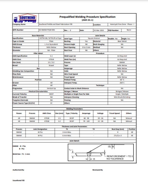Comply with ADNOC Standards with PQR, WPS, WQT reports, including various RT, MPI and Lifting Test Reports, Paint Quality Reports and TPI Inspections